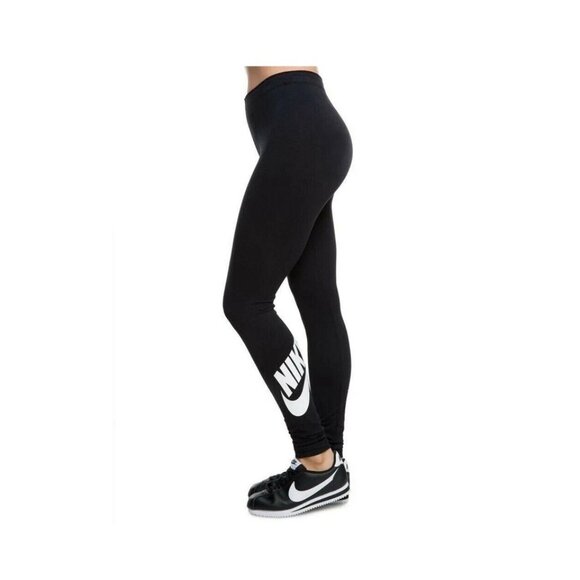 Nike Black Tight Fit Regular Fit White Graphic Spellout Swoosh Leggings Size S - Picture 1 of 11